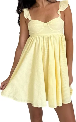 Women Summer Mini Dress Bow Print Ruffle Strap Mini Dress Cute Square Neck Loose A-Line Beach Babydoll Sundress