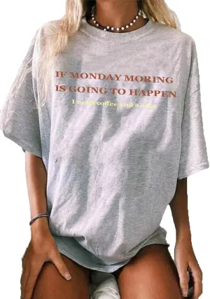 Women Vintage Graphic Letter Print Short Sleeve T Shirt Summer Casual Girls Tee Tops Grey