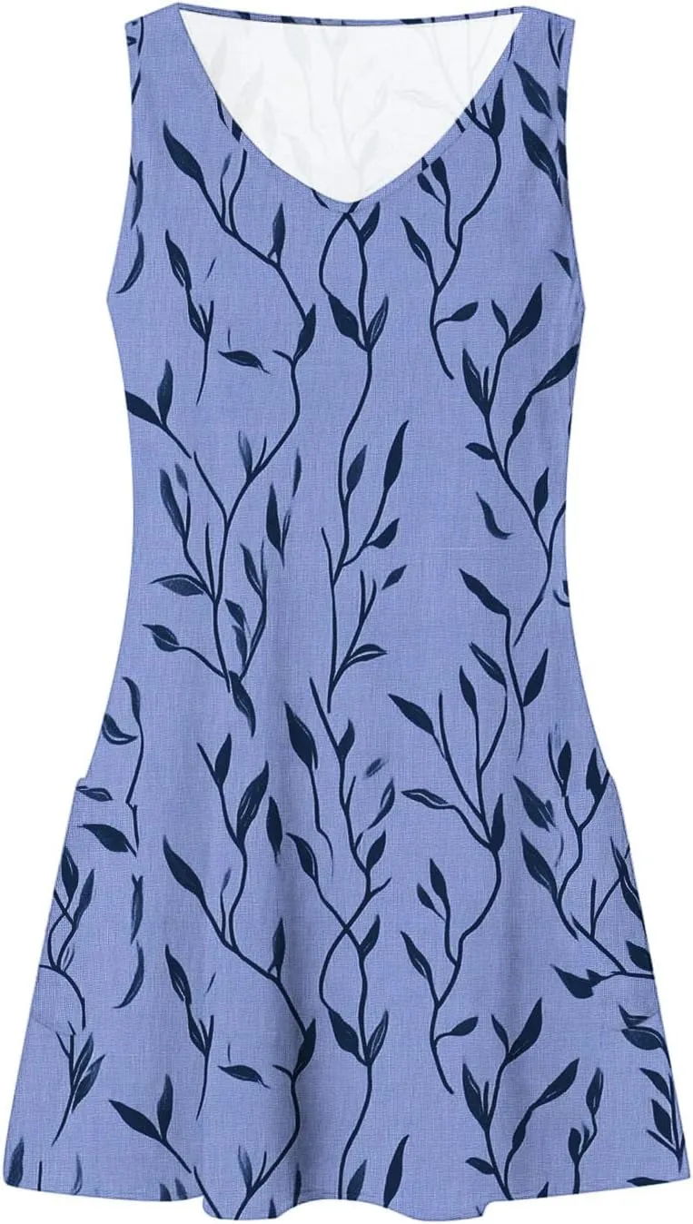 Womens Beach Dresses Trendy Swimsuit Cover Ups Sleeveless Vacation Dresses Floral Flowy Mini Dress Swing Dresses