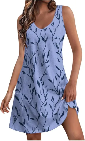 Womens Beach Dresses Trendy Swimsuit Cover Ups Sleeveless Vacation Dresses Floral Flowy Mini Dress Swing Dresses