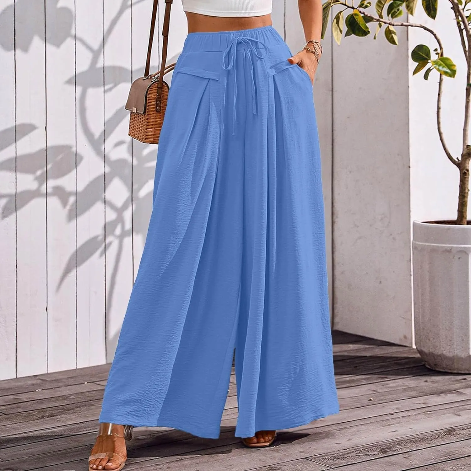 Womens Casual Pants Wide Leg Elastic Waisted Chiffon Baggy Flowy Long Lounge Trousers Beach Vacation Pant with Pockets