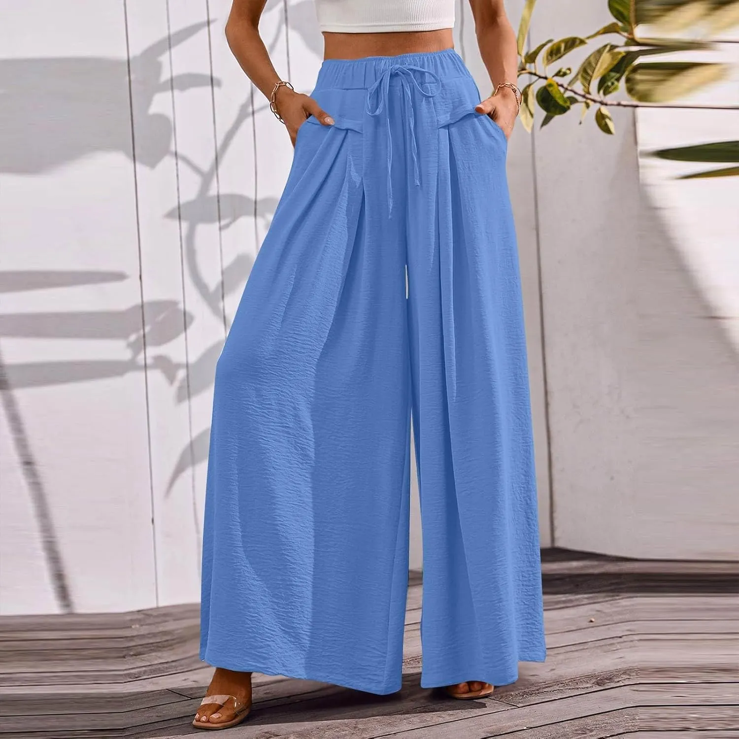 Womens Casual Pants Wide Leg Elastic Waisted Chiffon Baggy Flowy Long Lounge Trousers Beach Vacation Pant with Pockets