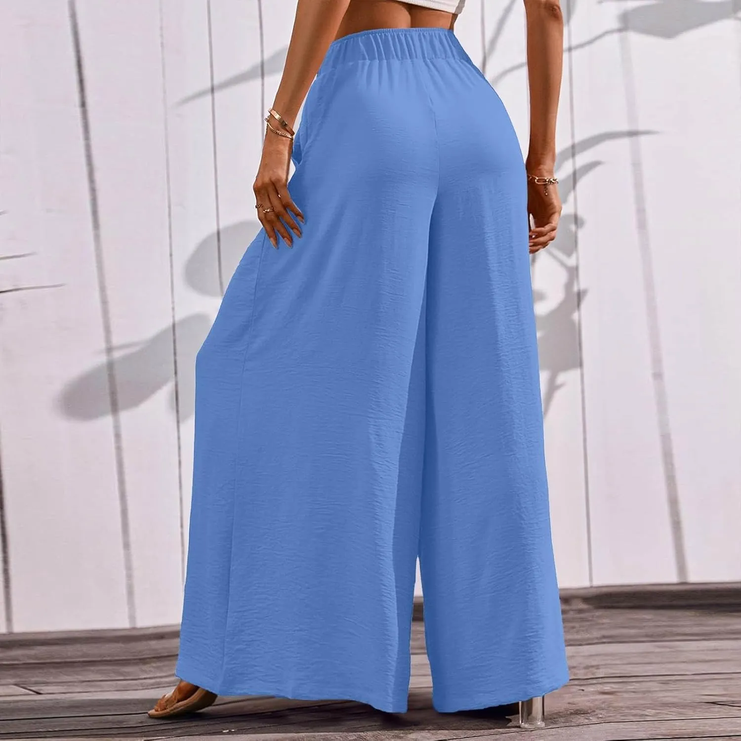 Womens Casual Pants Wide Leg Elastic Waisted Chiffon Baggy Flowy Long Lounge Trousers Beach Vacation Pant with Pockets