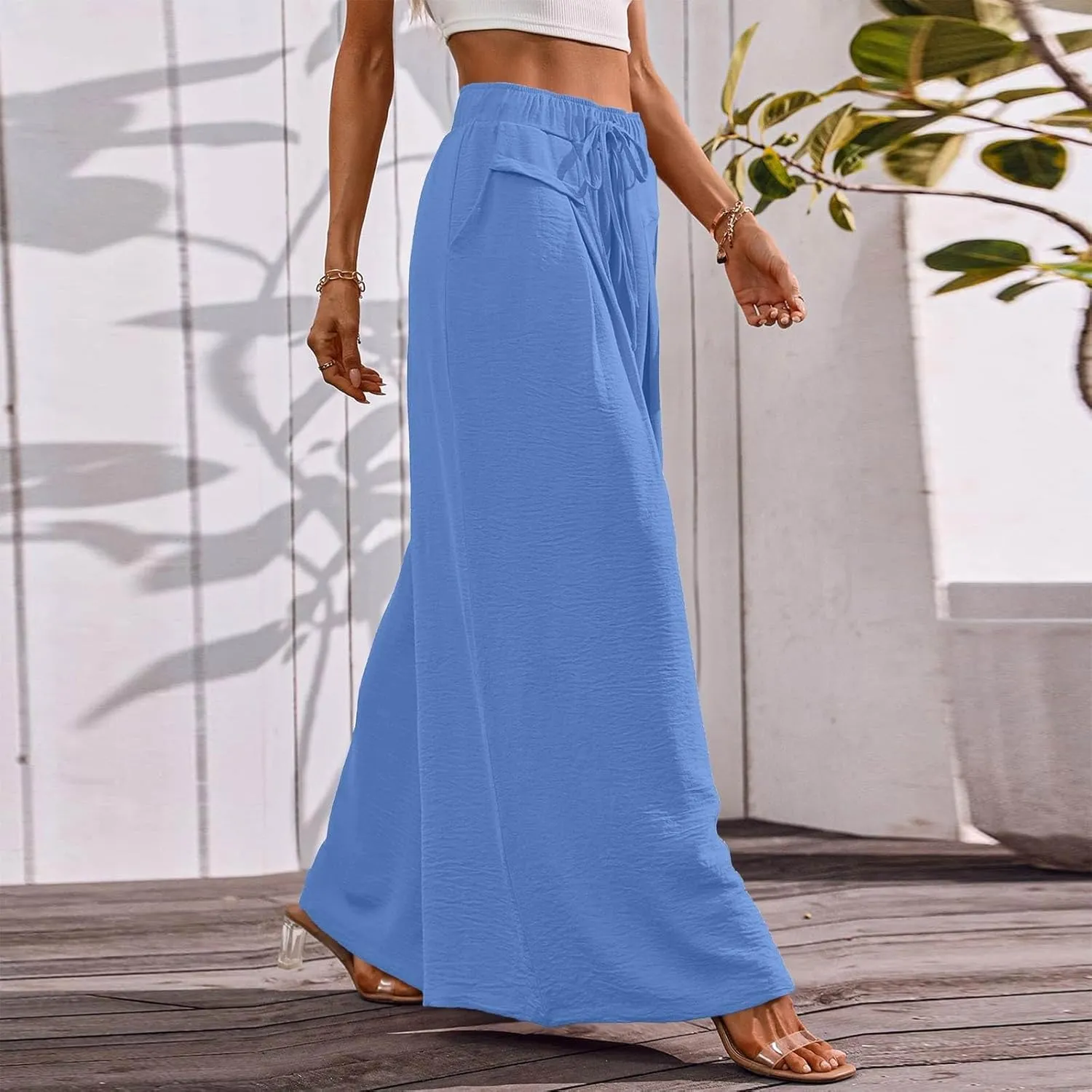 Womens Casual Pants Wide Leg Elastic Waisted Chiffon Baggy Flowy Long Lounge Trousers Beach Vacation Pant with Pockets