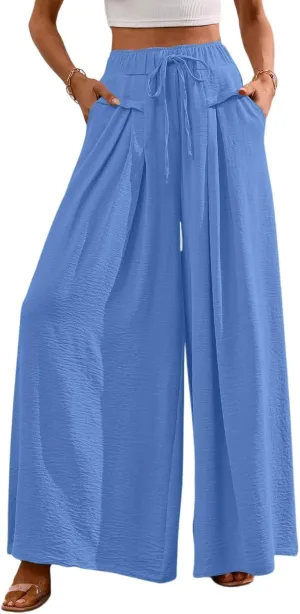 Womens Casual Pants Wide Leg Elastic Waisted Chiffon Baggy Flowy Long Lounge Trousers Beach Vacation Pant with Pockets