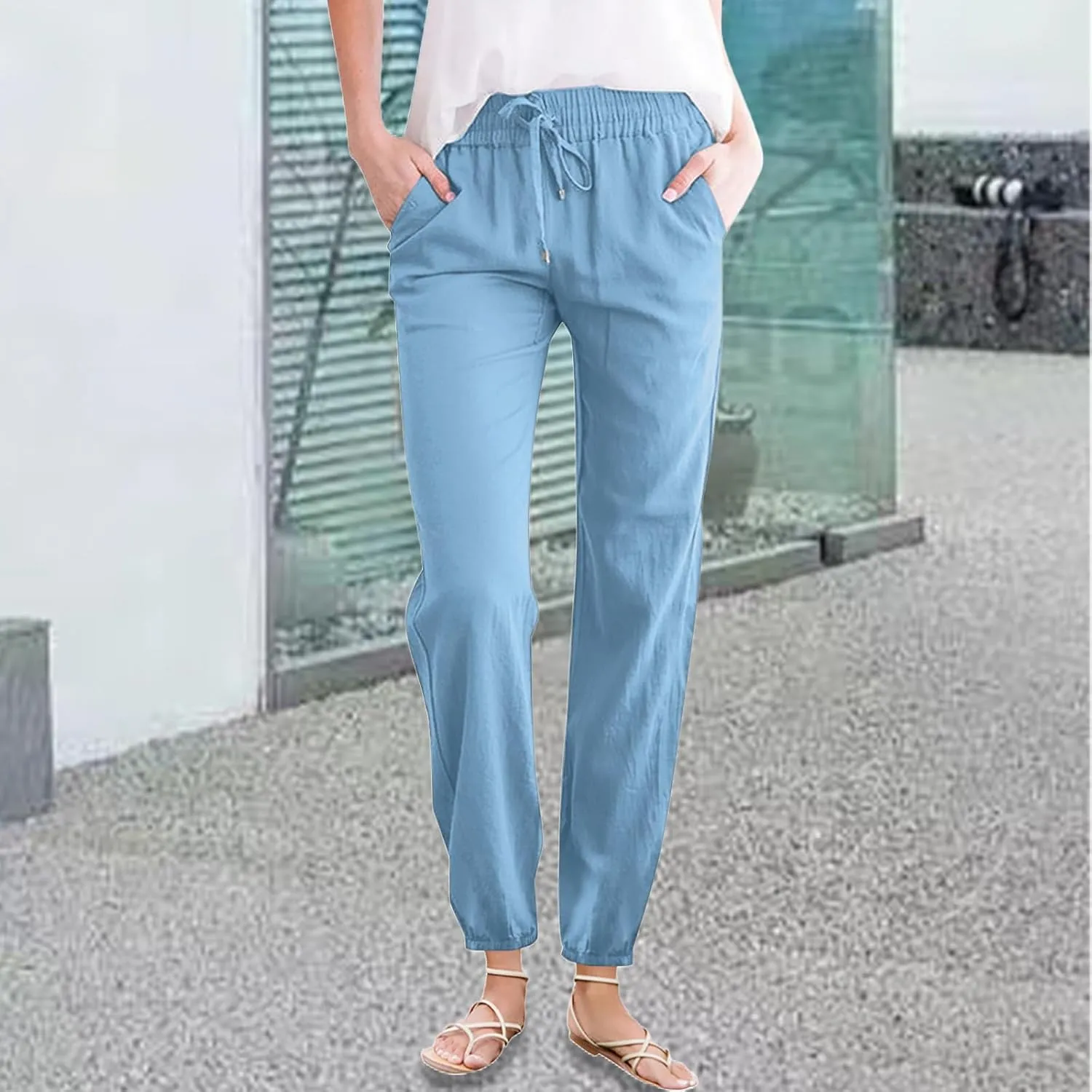 Womens Cotton Linen Casual Pants Straight Leg Drawstring Sweatpants Elastic High Waist Summer Trousers with Pockets