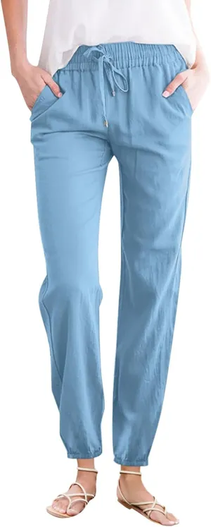 Womens Cotton Linen Casual Pants Straight Leg Drawstring Sweatpants Elastic High Waist Summer Trousers with Pockets