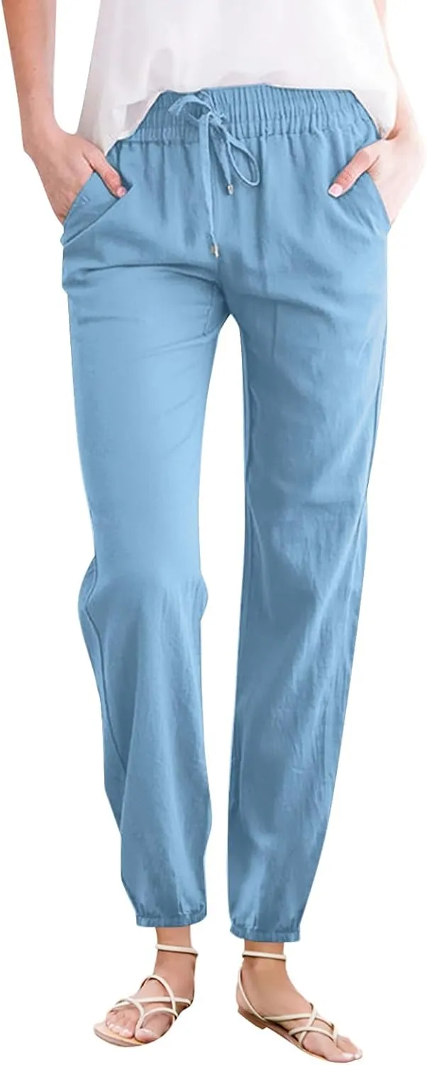 Womens Cotton Linen Casual Pants Straight Leg Drawstring Sweatpants Elastic High Waist Summer Trousers with Pockets