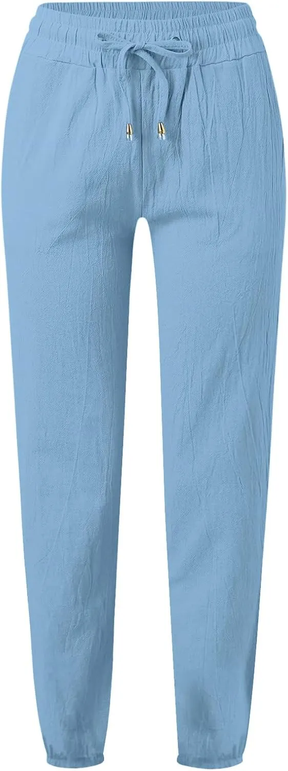 Womens Cotton Linen Casual Pants Straight Leg Drawstring Sweatpants Elastic High Waist Summer Trousers with Pockets