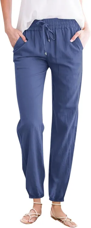 Womens Cotton Linen Casual Pants Straight Leg Drawstring Sweatpants Elastic High Waist Summer Trousers with Pockets