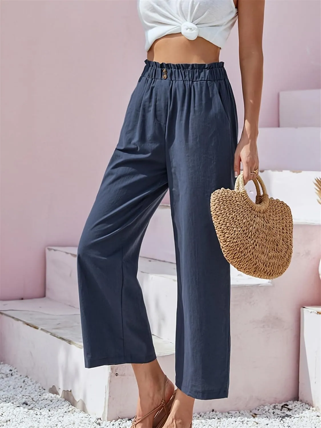 Womens Cotton Linen Palazzo Pants Elastic Waist Casual Wide Leg Trousers Cropped Linen Pants Women Summer with Pocket