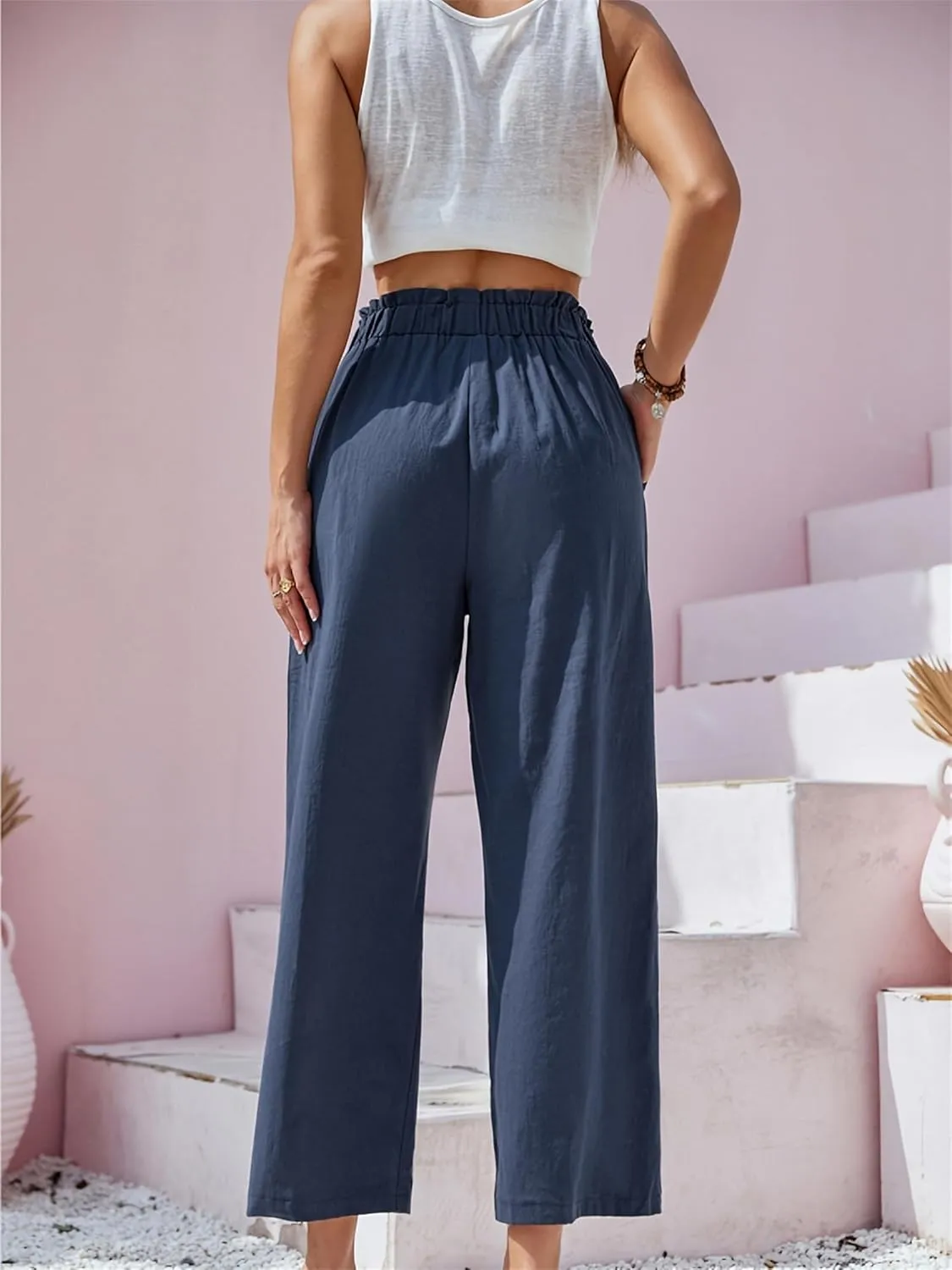 Womens Cotton Linen Palazzo Pants Elastic Waist Casual Wide Leg Trousers Cropped Linen Pants Women Summer with Pocket