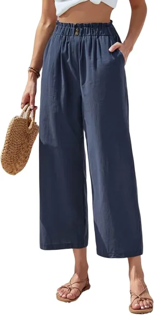 Womens Cotton Linen Palazzo Pants Elastic Waist Casual Wide Leg Trousers Cropped Linen Pants Women Summer with Pocket