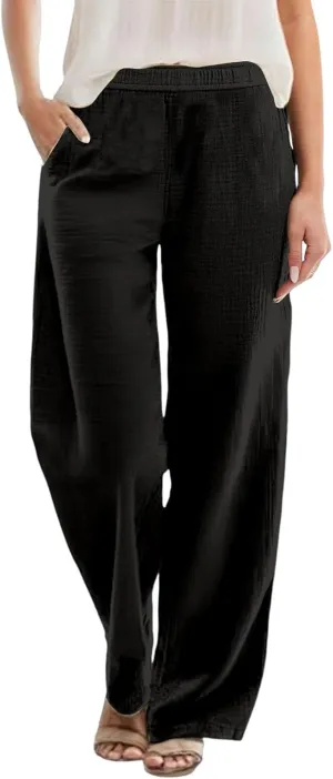 Womens Cotton Linen Palazzo Pants Petite Elastic Waist Straight Wide Leg Lounge Beach Trousers Summer Outfits Trendy