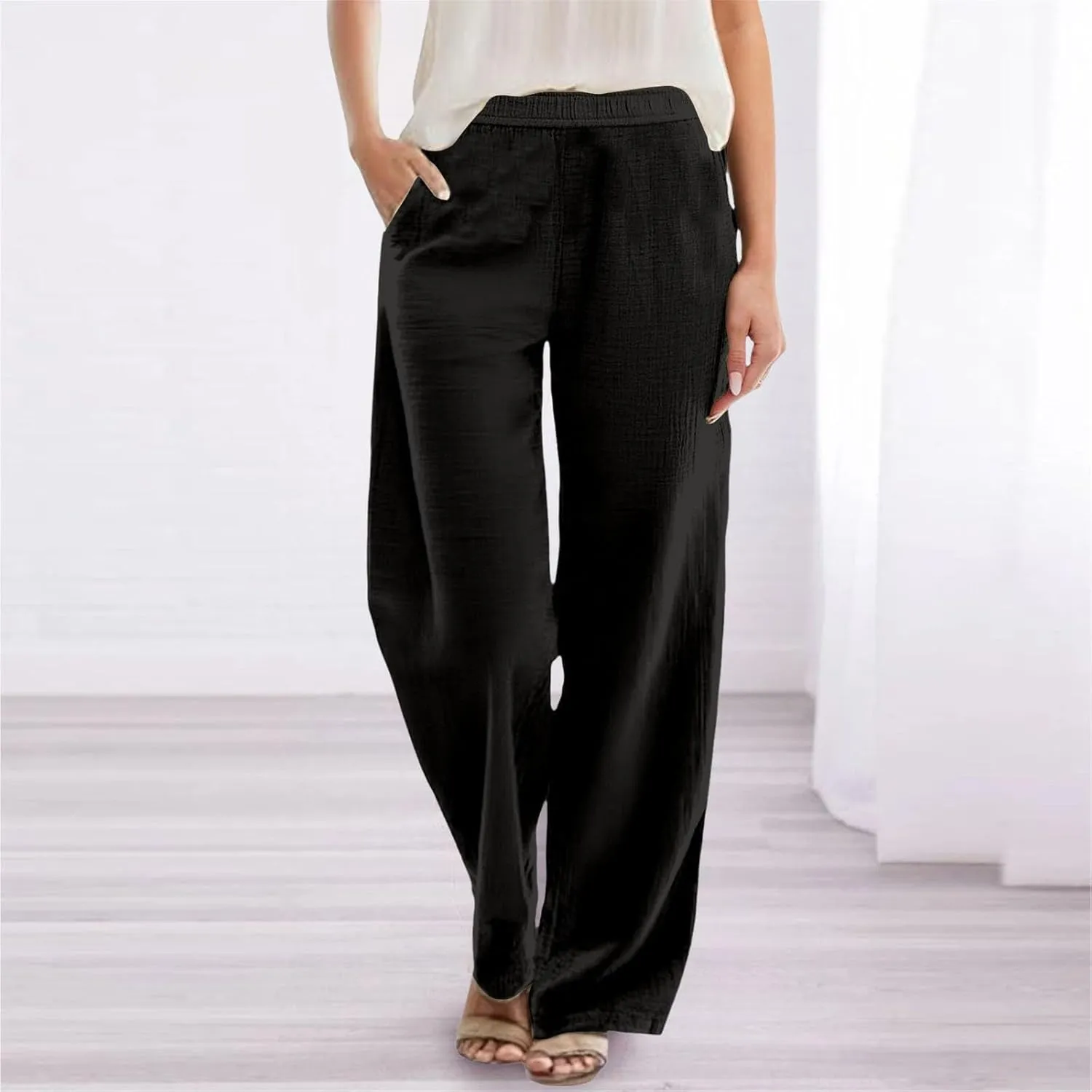 Womens Cotton Linen Palazzo Pants Petite Elastic Waist Straight Wide Leg Lounge Beach Trousers Summer Outfits Trendy