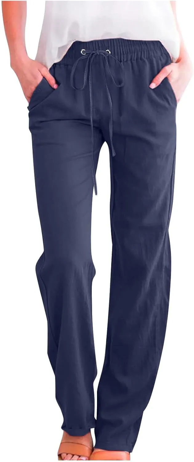 Women's Cotton Linen Pants 2025 Summer Wide Leg Casual Loose Pants Drawstring High Waist Trousers with Pockets