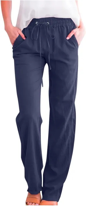 Women's Cotton Linen Pants 2025 Summer Wide Leg Casual Loose Pants Drawstring High Waist Trousers with Pockets