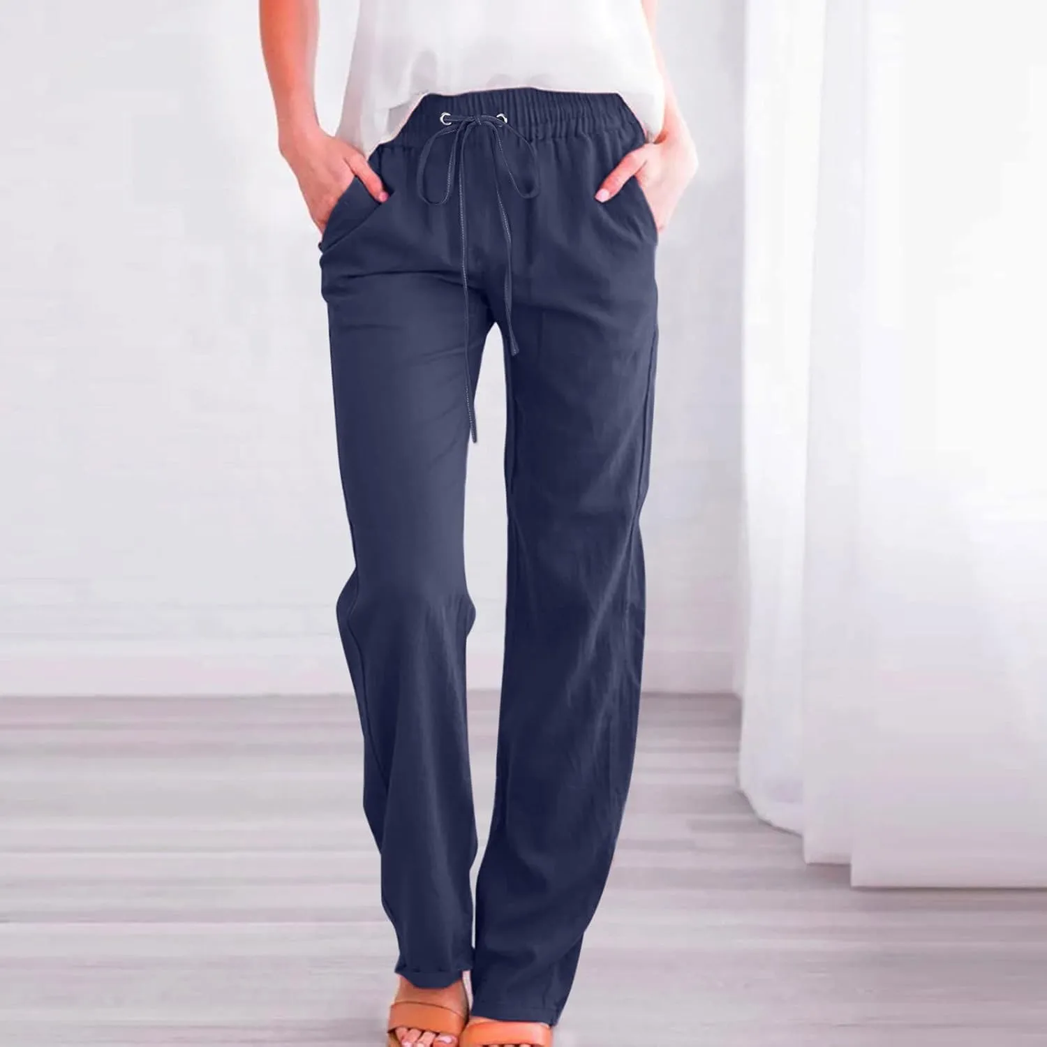 Women's Cotton Linen Pants 2025 Summer Wide Leg Casual Loose Pants Drawstring High Waist Trousers with Pockets