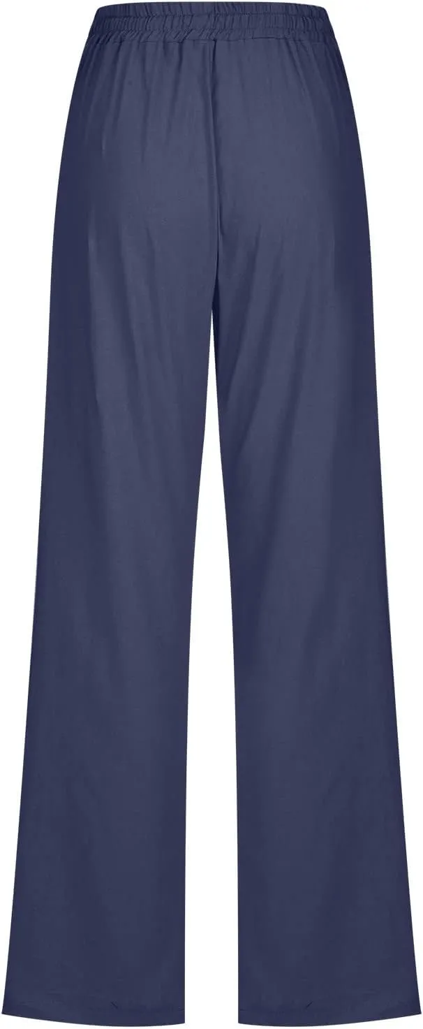 Women's Cotton Linen Pants 2025 Summer Wide Leg Casual Loose Pants Drawstring High Waist Trousers with Pockets