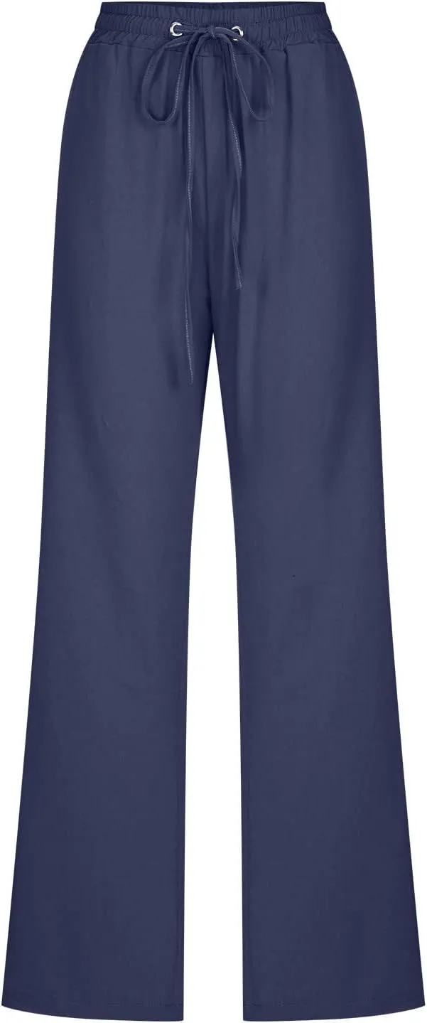 Women's Cotton Linen Pants 2025 Summer Wide Leg Casual Loose Pants Drawstring High Waist Trousers with Pockets
