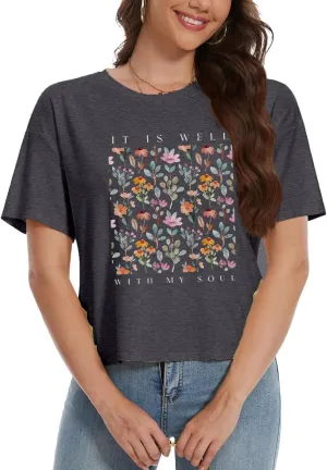 Womens Crop Top T Shirt Wildflower Graphic Tees Short Sleeve Summer Casual Loose Beach Adventure Tops