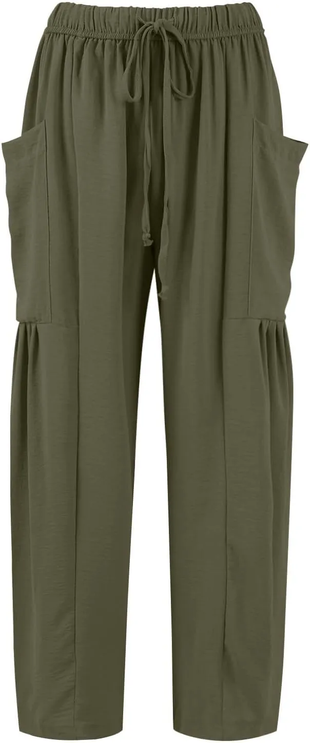 Womens Dress Pants Wide Leg High Waisted Drawstring Beach Pants Long Summer Loose Casual Flowy Palazzo Harem Trousers