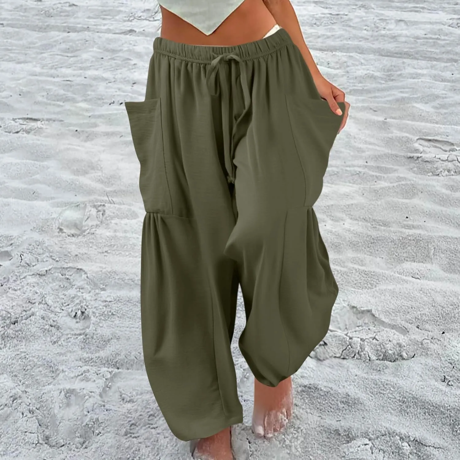 Womens Dress Pants Wide Leg High Waisted Drawstring Beach Pants Long Summer Loose Casual Flowy Palazzo Harem Trousers