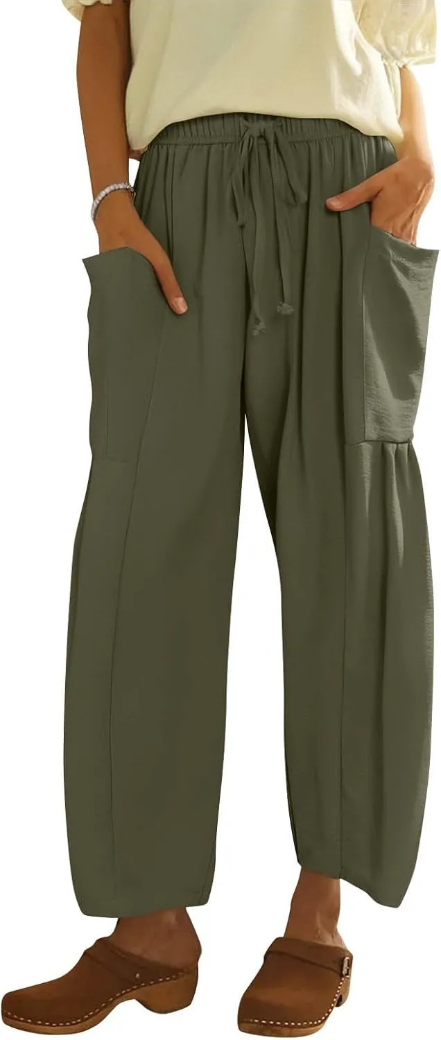Womens Dress Pants Wide Leg High Waisted Drawstring Beach Pants Long Summer Loose Casual Flowy Palazzo Harem Trousers