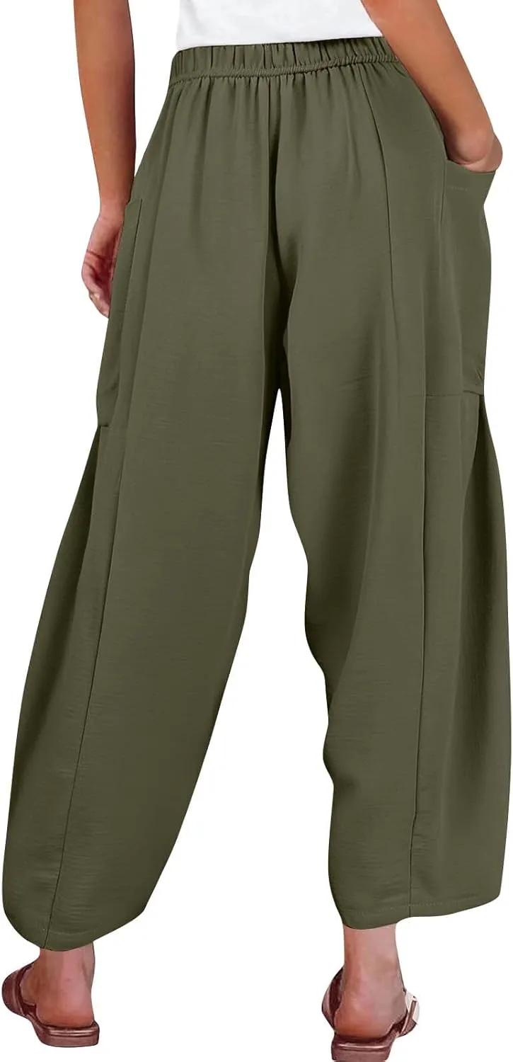 Womens Dress Pants Wide Leg High Waisted Drawstring Beach Pants Long Summer Loose Casual Flowy Palazzo Harem Trousers