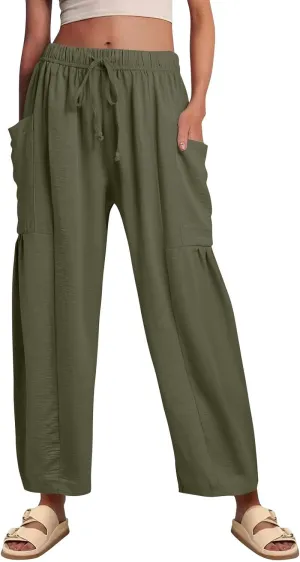 Womens Dress Pants Wide Leg High Waisted Drawstring Beach Pants Long Summer Loose Casual Flowy Palazzo Harem Trousers