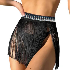Womens Fringe Trim Mini Skirt Cowgirl Western Festival High Waisted Outfits Rave Bottoms Beach Tassel Bikini Cover Up