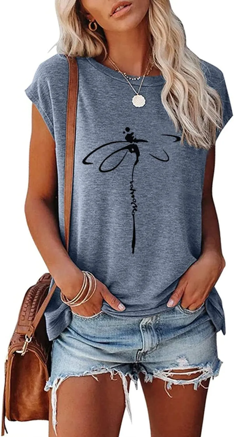 Women's Graphic Tees Casual Summer Funny Dragonfly Printed Short Sleeve Cute T Shirts Tops