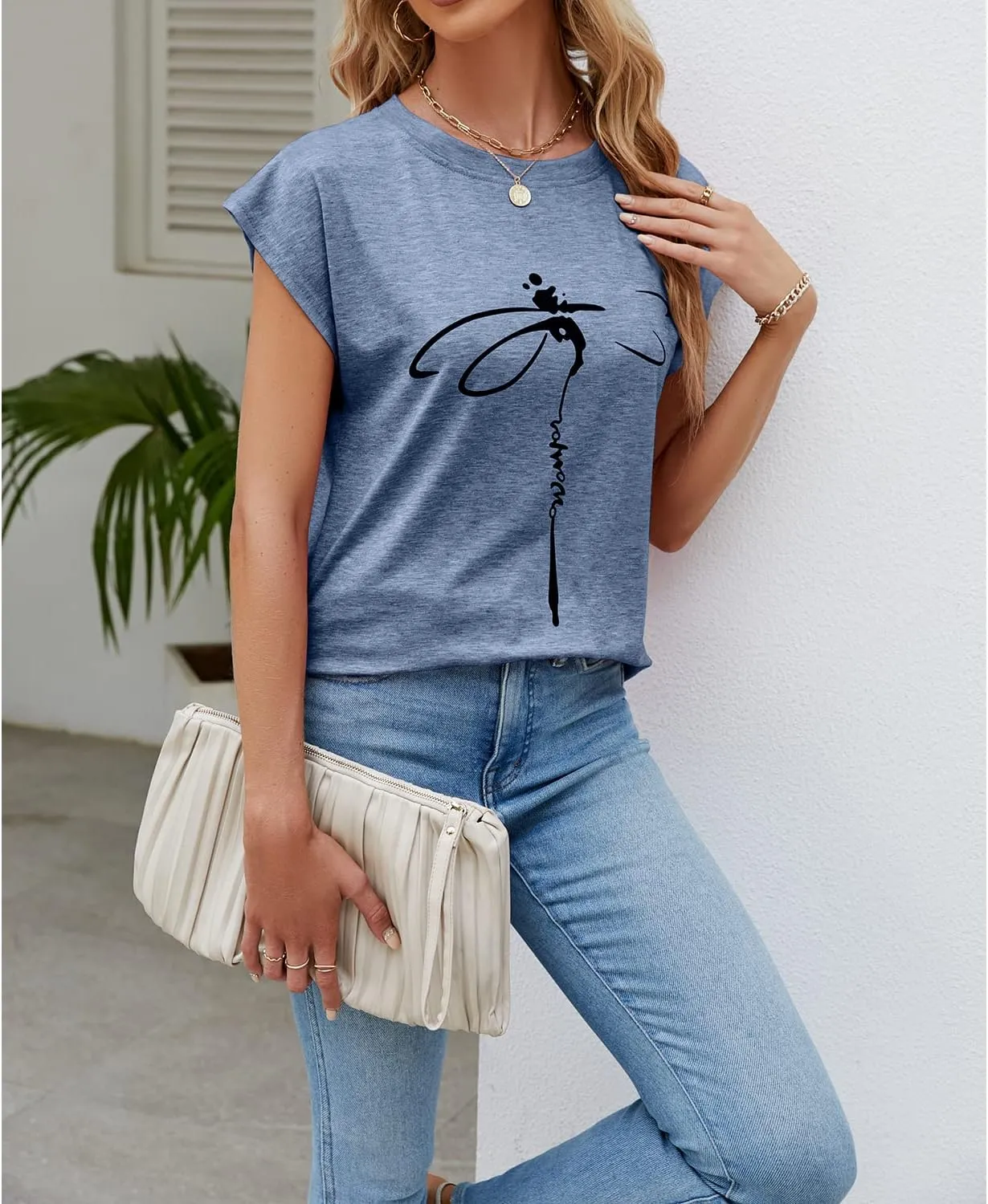 Women's Graphic Tees Casual Summer Funny Dragonfly Printed Short Sleeve Cute T Shirts Tops