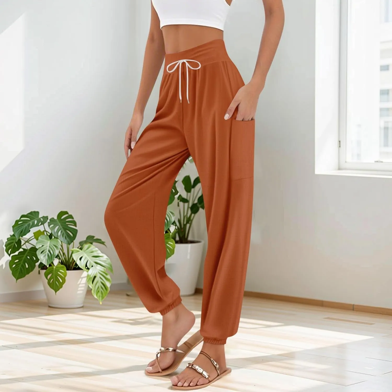 Women's Harem Pants, Hippie Palazzo Pants Boho Joggers High Waist Drawstring Trousers Flowy Clothes Pant with Pockets A1
