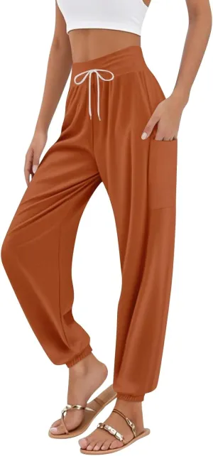 Women's Harem Pants, Hippie Palazzo Pants Boho Joggers High Waist Drawstring Trousers Flowy Clothes Pant with Pockets A1