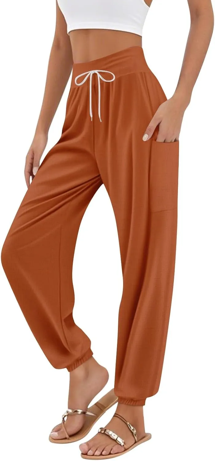 Women's Harem Pants, Hippie Palazzo Pants Boho Joggers High Waist Drawstring Trousers Flowy Clothes Pant with Pockets A1