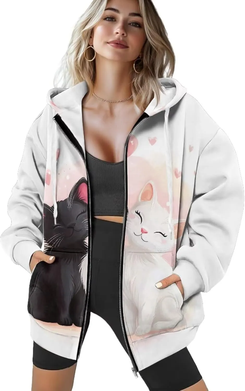 Women's Hoodie Full Zip Up Sweatshirts Long Sleeve Fashion Clothes Oversized Jacket with Pockets