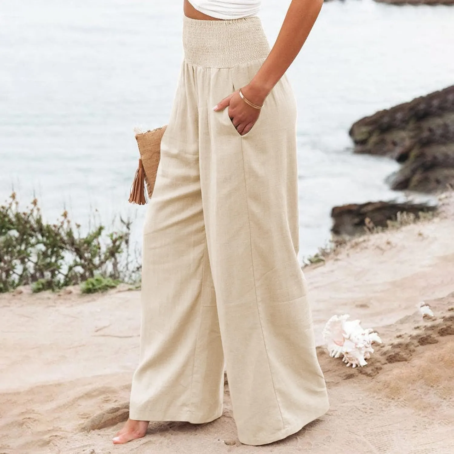 Women's Linen Fall Pants Elastic High Waist Wide Leg Fashion Loose Pleated Casual Long Pants with Pockets