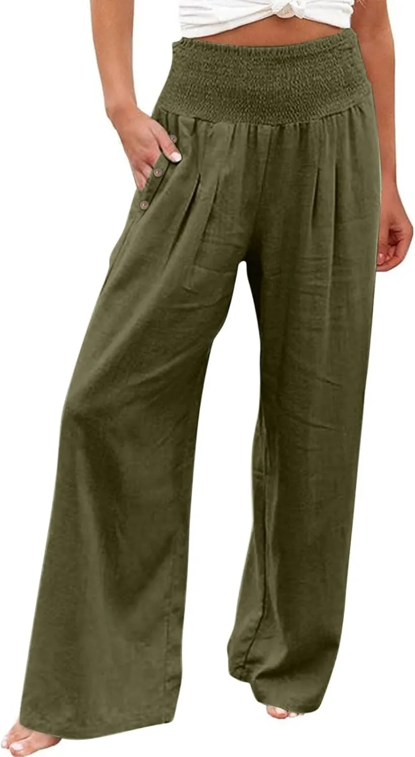 Women's Linen Fall Pants Elastic High Waist Wide Leg Fashion Loose Pleated Casual Long Pants with Pockets