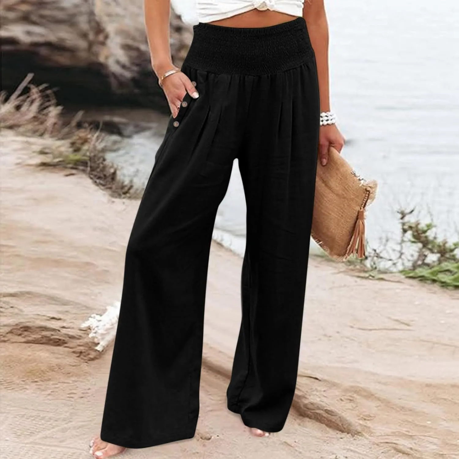 Women's Linen Fall Pants Elastic High Waist Wide Leg Fashion Loose Pleated Casual Long Pants with Pockets
