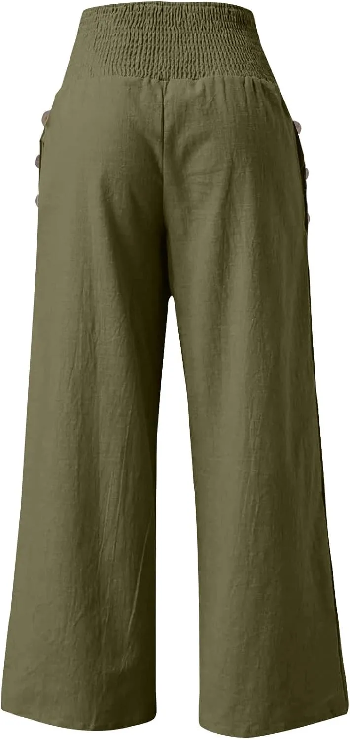 Women's Linen Fall Pants Elastic High Waist Wide Leg Fashion Loose Pleated Casual Long Pants with Pockets