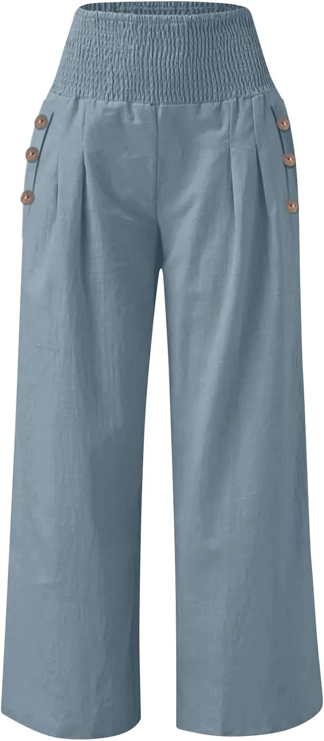 Women's Linen Fall Pants Elastic High Waist Wide Leg Fashion Loose Pleated Casual Long Pants with Pockets