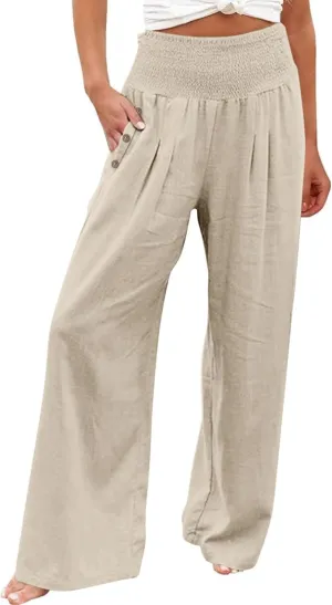 Women's Linen Fall Pants Elastic High Waist Wide Leg Fashion Loose Pleated Casual Long Pants with Pockets