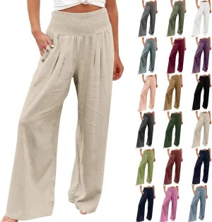 Women's Linen Fall Pants Elastic High Waist Wide Leg Fashion Loose Pleated Casual Long Pants with Pockets