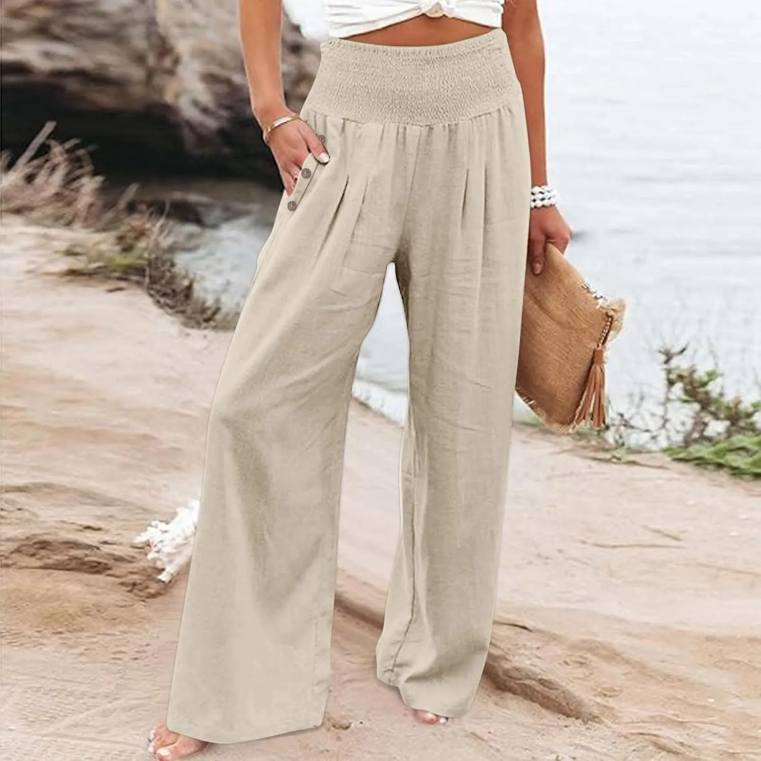 Women's Linen Fall Pants Elastic High Waist Wide Leg Fashion Loose Pleated Casual Long Pants with Pockets
