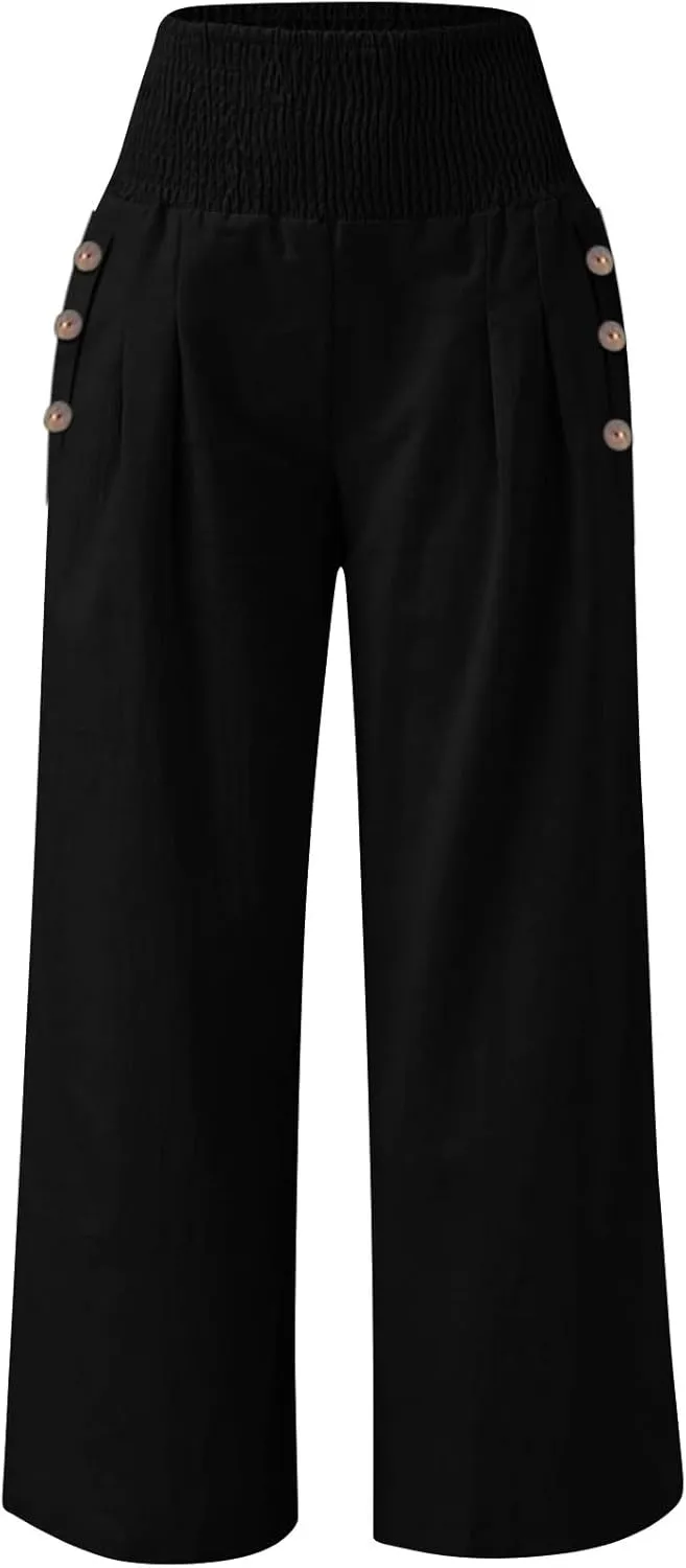 Women's Linen Fall Pants Elastic High Waist Wide Leg Fashion Loose Pleated Casual Long Pants with Pockets