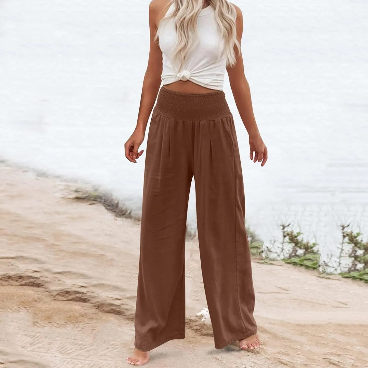 Women's Linen Fall Pants Elastic High Waist Wide Leg Fashion Loose Pleated Casual Long Pants with Pockets