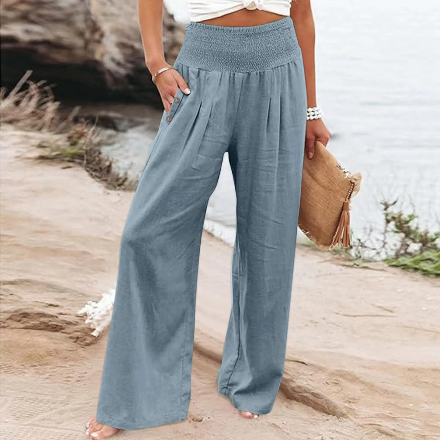 Women's Linen Fall Pants Elastic High Waist Wide Leg Fashion Loose Pleated Casual Long Pants with Pockets