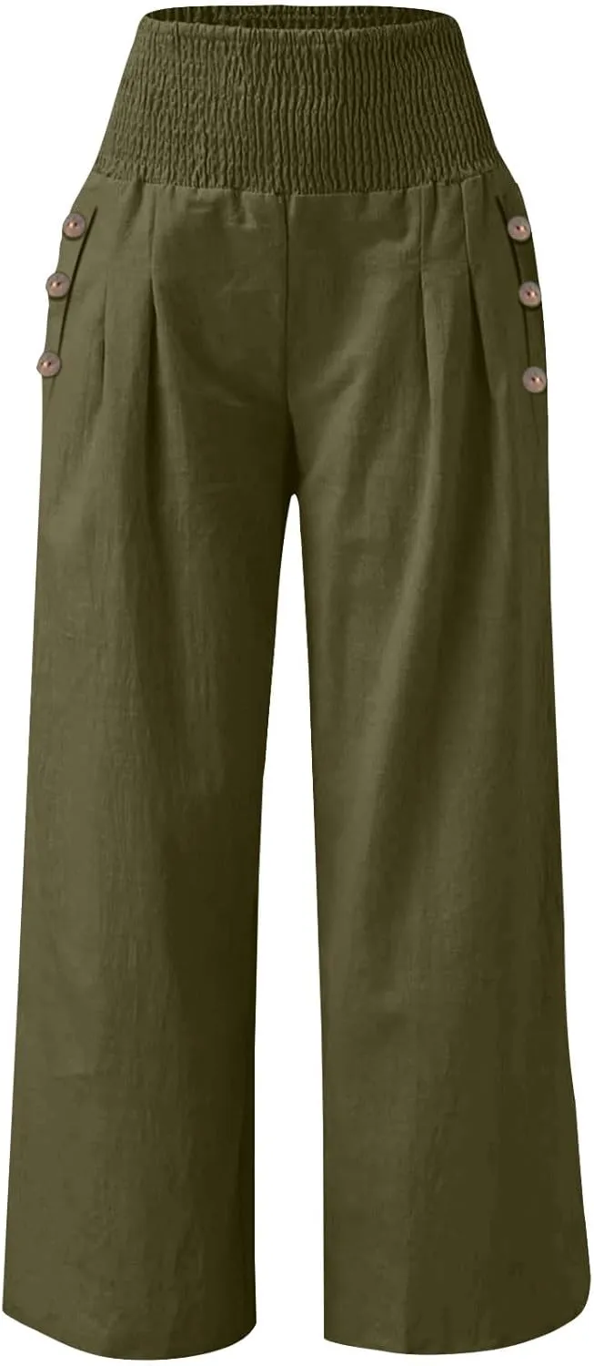 Women's Linen Fall Pants Elastic High Waist Wide Leg Fashion Loose Pleated Casual Long Pants with Pockets