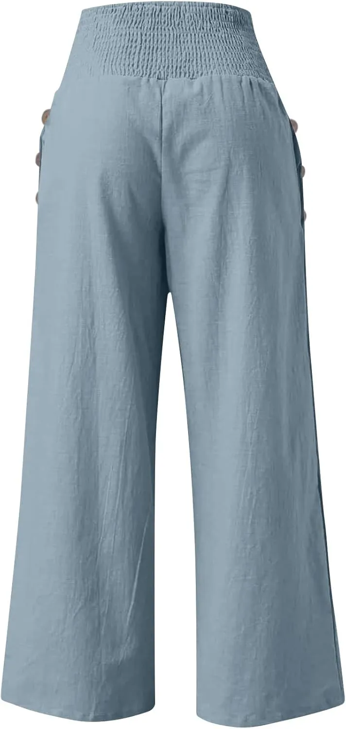 Women's Linen Fall Pants Elastic High Waist Wide Leg Fashion Loose Pleated Casual Long Pants with Pockets